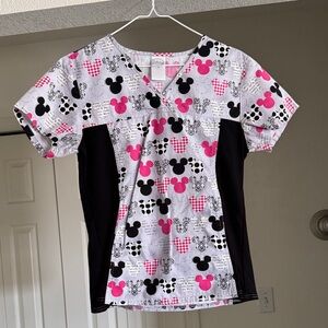Disney Pink & Black Mickey Mouse Print Scrub Top
